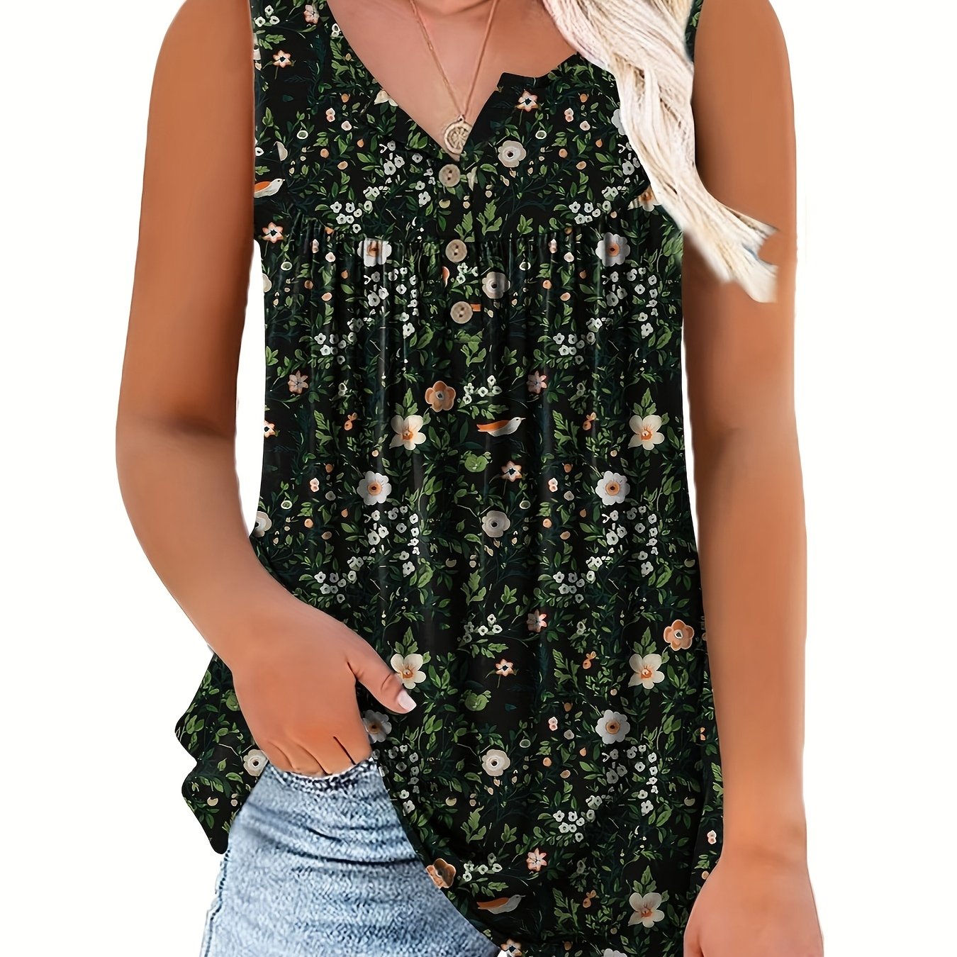 Женская безрукавка с цветочным принтом на лето, топ с V-образным вырезом, на пуговицах, зелёная с белыми цветами