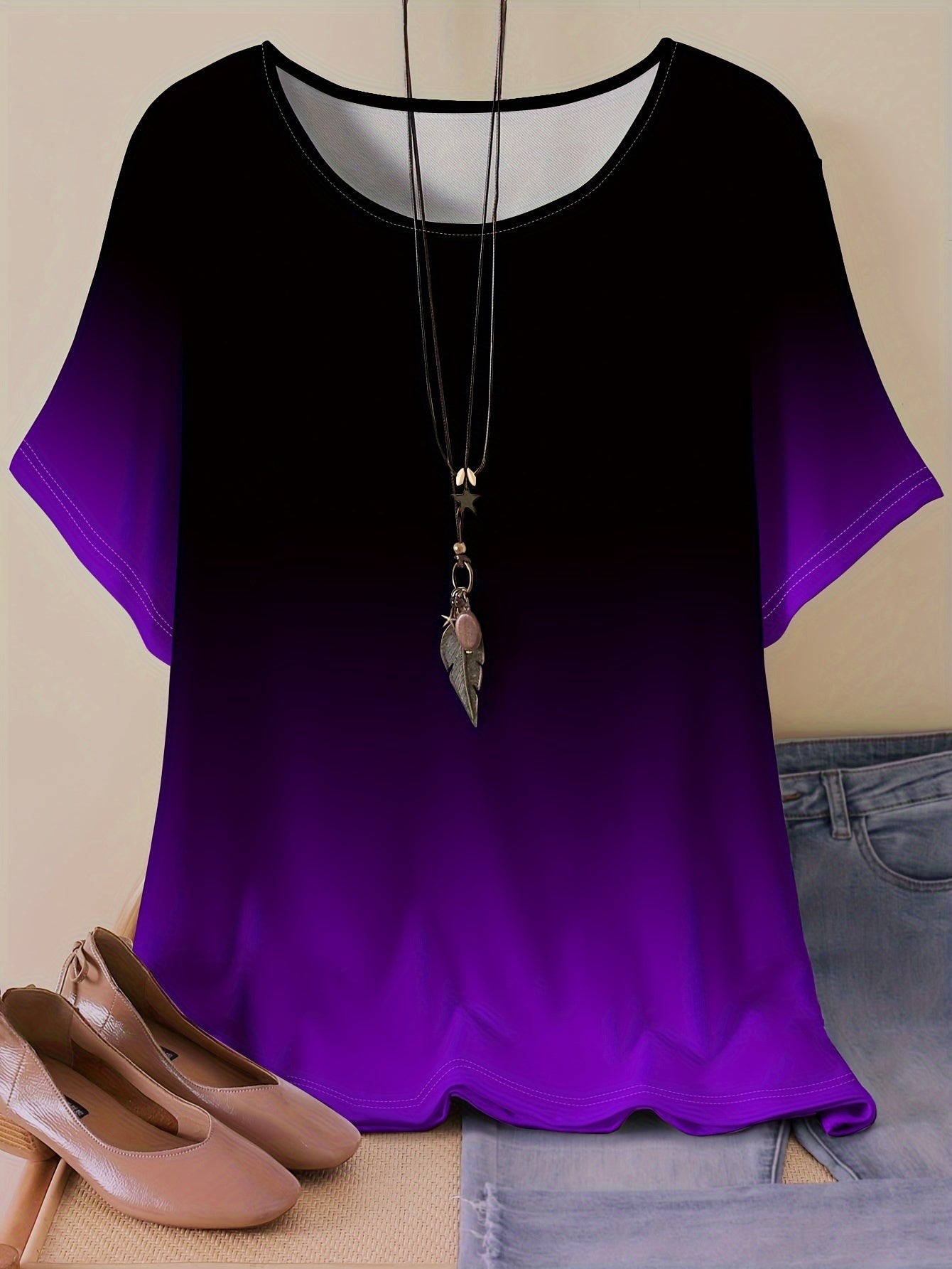 Plus Size Gradient Ombre T-Shirt for Women Summer Casual Crew Neck Short Sleeve