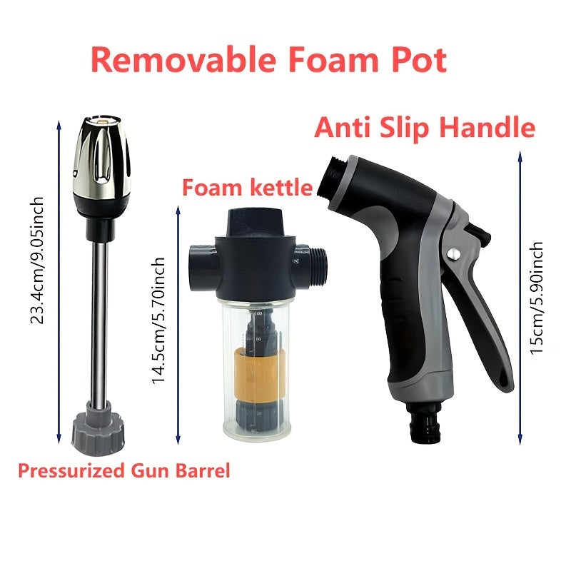 Pistola de agua para lavado de coches con tubo largo y depósito de espuma para limpieza de vehículos y riego de jardín