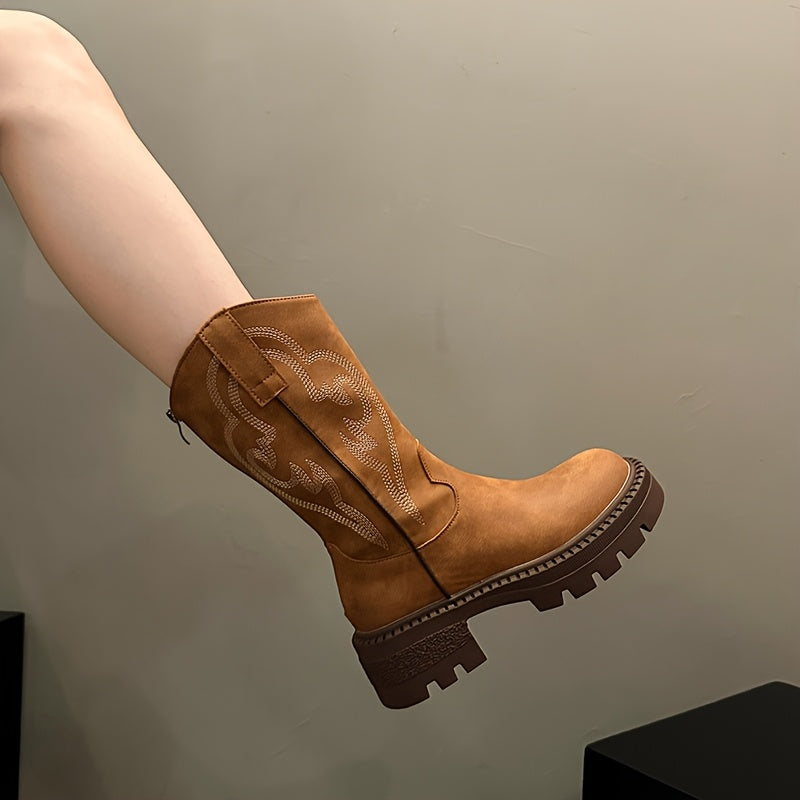 Women's Brown Western Boots | Chunky Mid-Heel, Non-Slip Sole, Round Toe