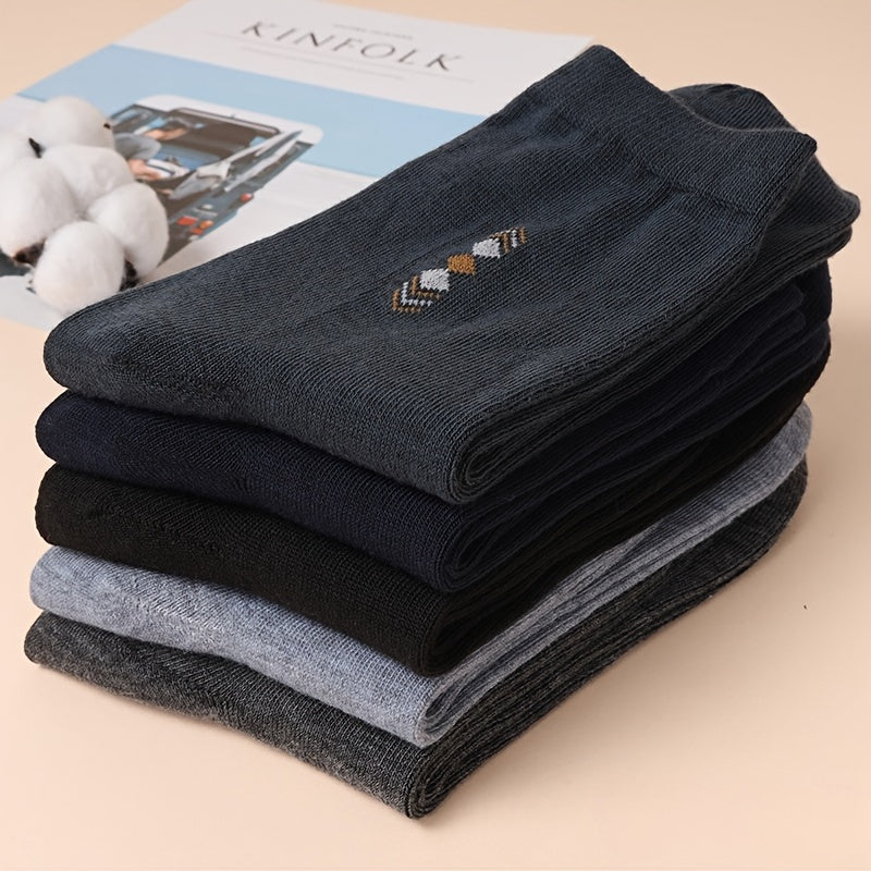 Men's Cotton Crew Socks Pack of 5 Breathable Sweat-Wicking All-Season Diamond Pattern