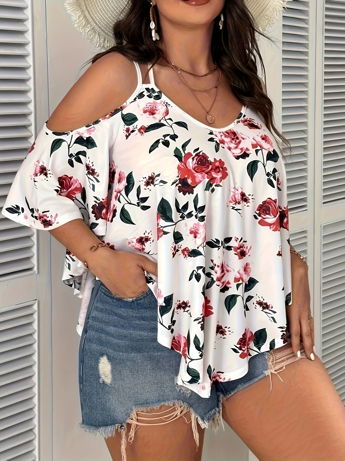 Women's Plus Size Floral Off Shoulder Ruffle Top Casual Sleeveless Summer Light Green Orange Black