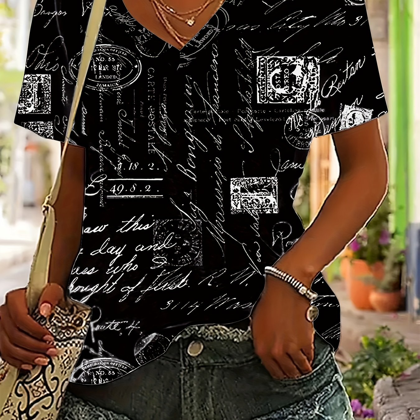 Women Plus Size V-Neck Short Sleeve T-Shirt Breathable Polyester Blend Casual Top