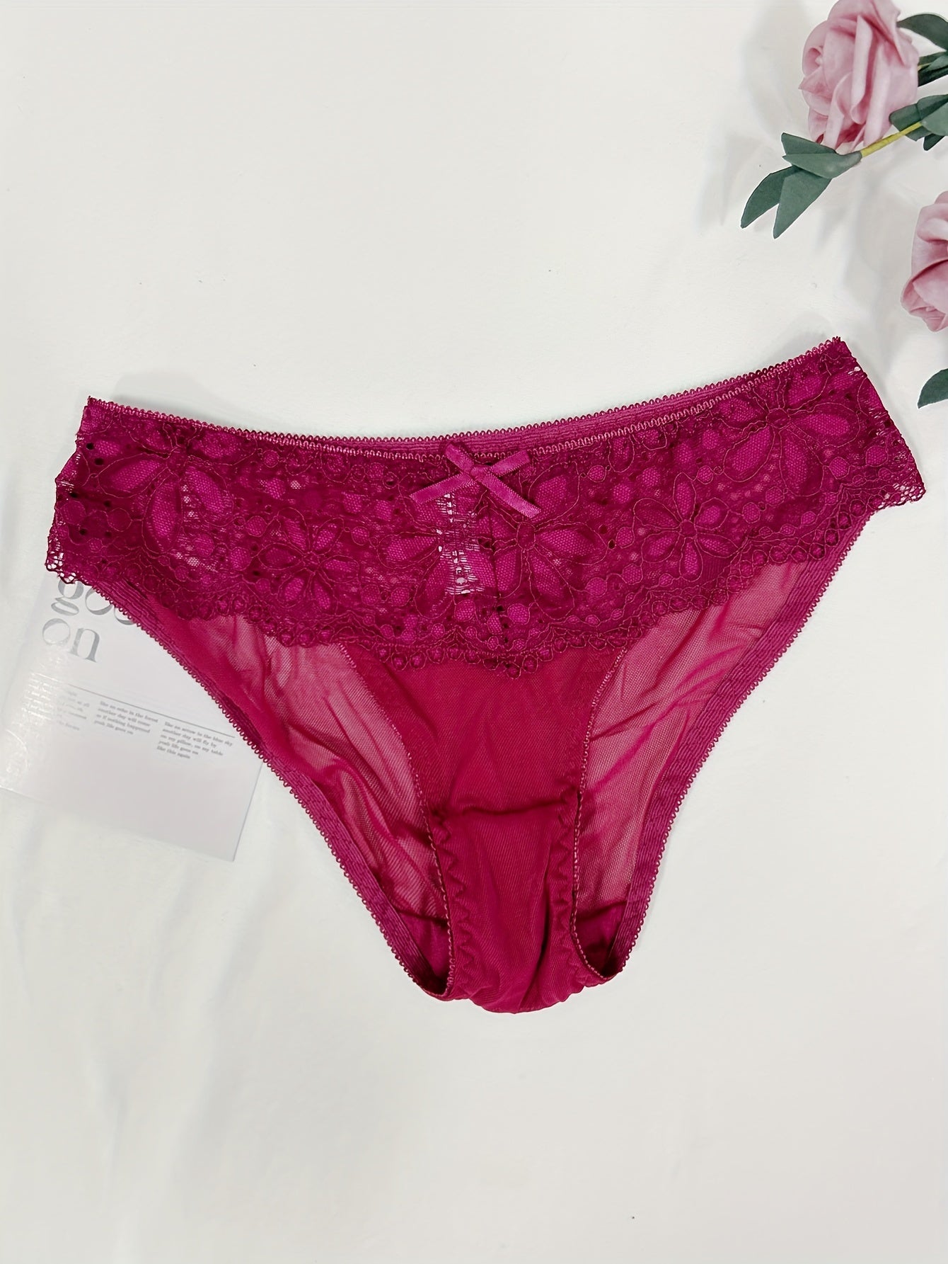 Lingerie Set with Lace, Contrast Details, Solid Color Knit Fabric, Bra and Briefs