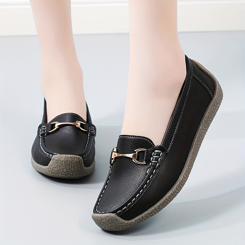 Women's Faux Leather Flat Loafers with Buckle Decoration Slip-On Casual Shoes