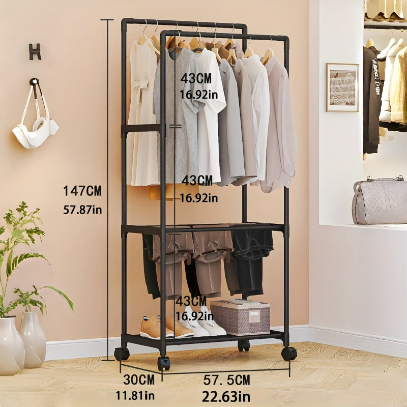 Perchero independiente con ruedas y estantes, altura de 147.98cm, organizador de ropa expandible