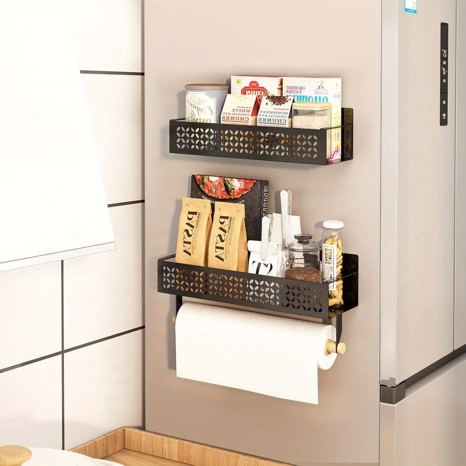 2 ta Magnit Ziravorlar Rack to'plami, Bonus Qog'oz Sochiq Tutgichi bilan - Mustahkam Karbon Po'latdan Yasalgan, Joyni Tejash uchun Qulay Oshxona Tashkiliy