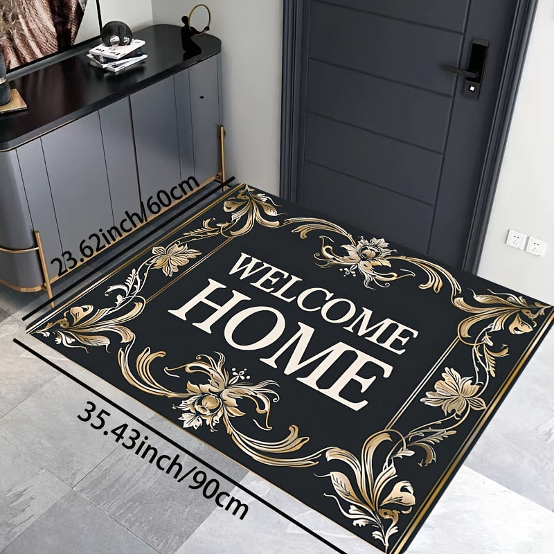 Super Soft Thick Square Carpet Rug with Golden Floral Lace Welcome Pattern Indoor Floor Mat