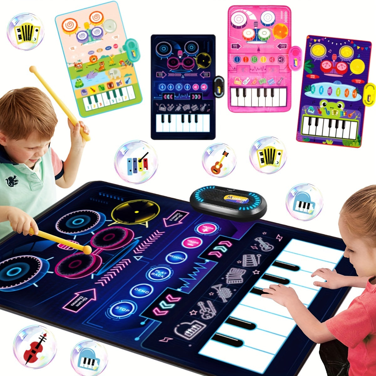 Interactive Musical Play Mat and Drum Set for Kids with Colorful Sound and Dual Instruments