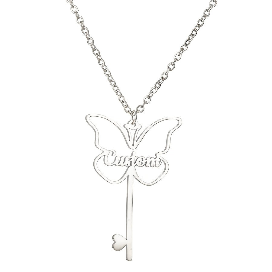 Gold Plated Butterfly Key Pendant Necklace Personalized Name Jewelry for Women