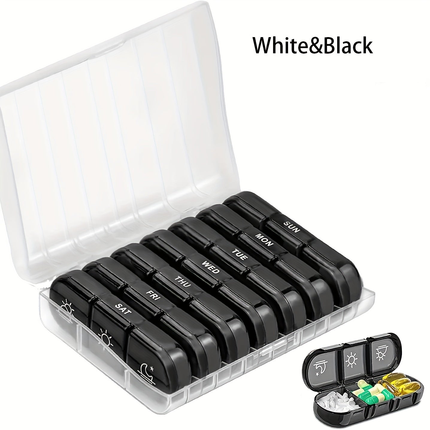 Black Pill Box with 21 Compartments Weekly Portable Plastic Organizer