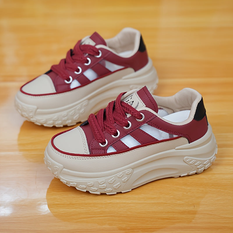 Women's Breathable Mesh Casual Sneakers White Red Chunky Sole