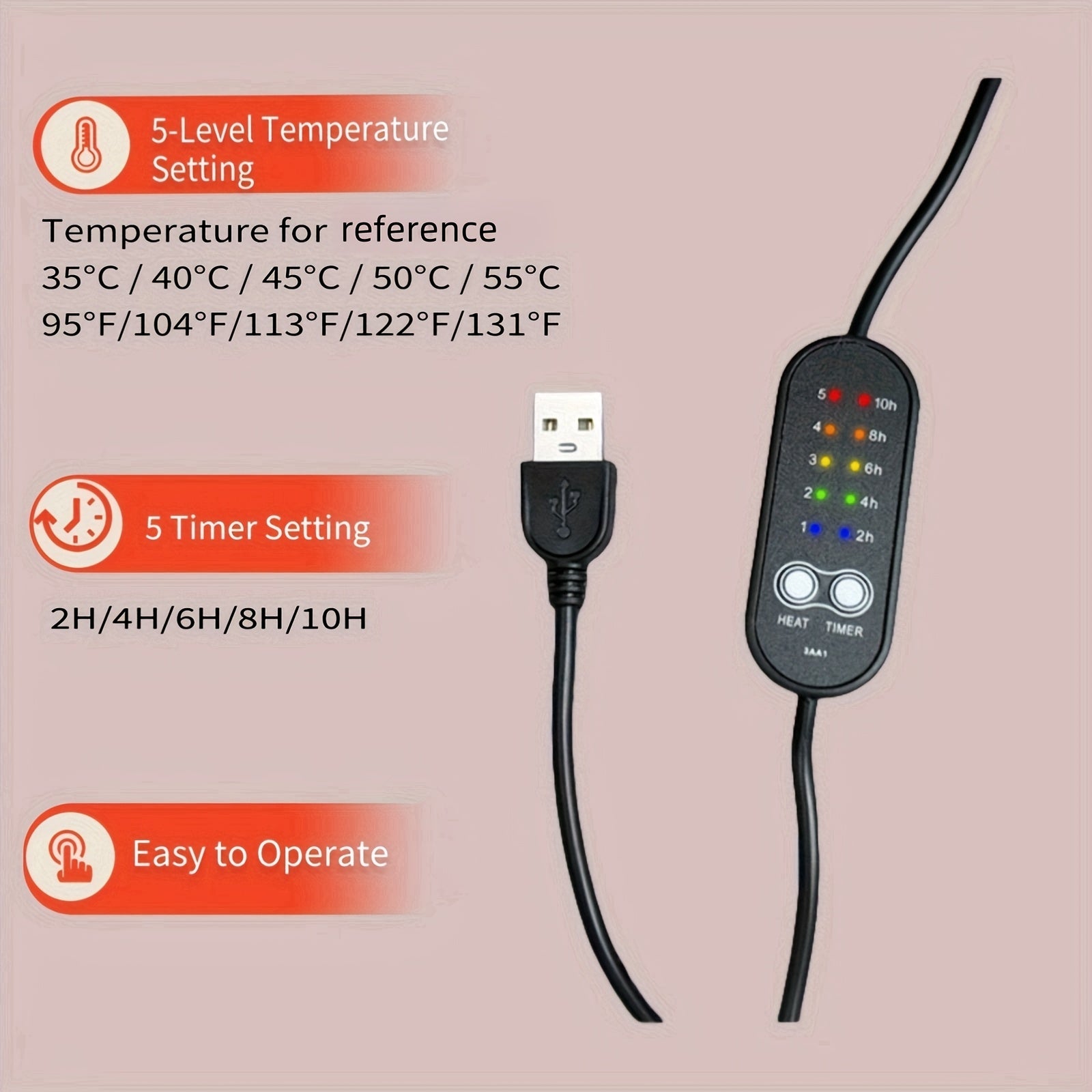 Уютный USB-грелочный массажный коврик для ног - электрическая подушка с 5 настройками температуры, моющимся плюшем, облегчением боли, низким напряжением, без батареек.