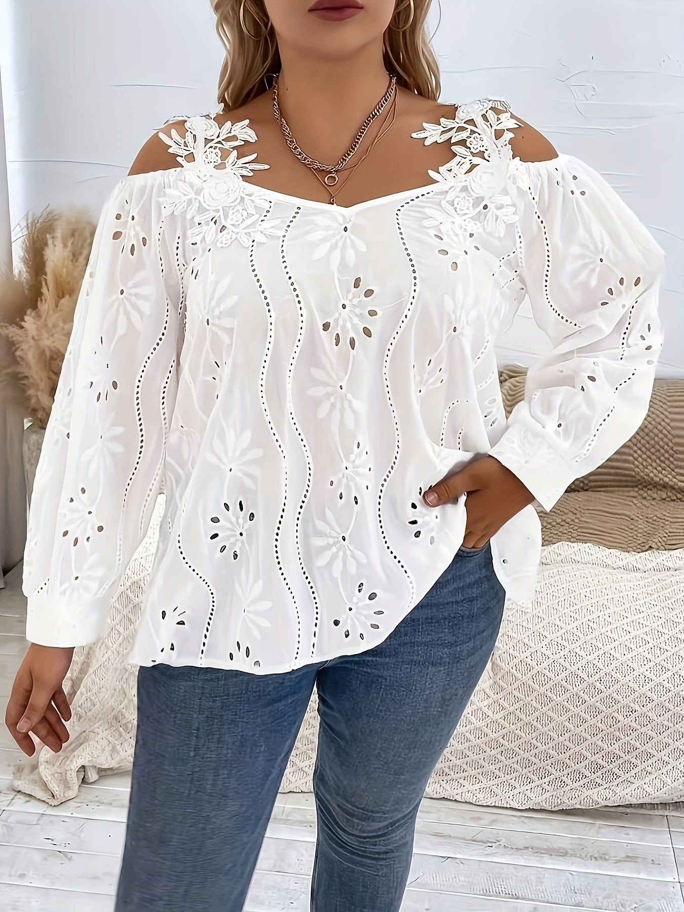 Plus Size Women's White Off Shoulder Eyelet Embroidery Blouse Long Sleeve Casual Polyester Top