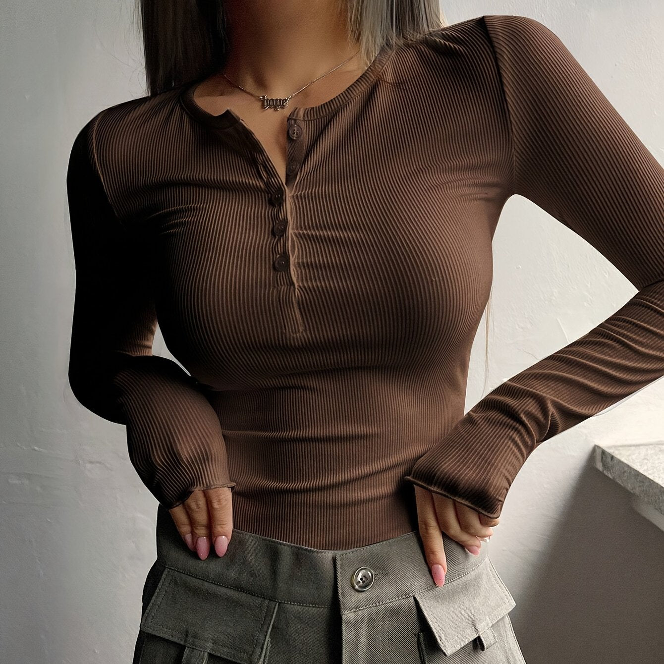 Women's Black Ribbed Knit T-Shirt with Half-Button Placket Slim Fit Spring Summer