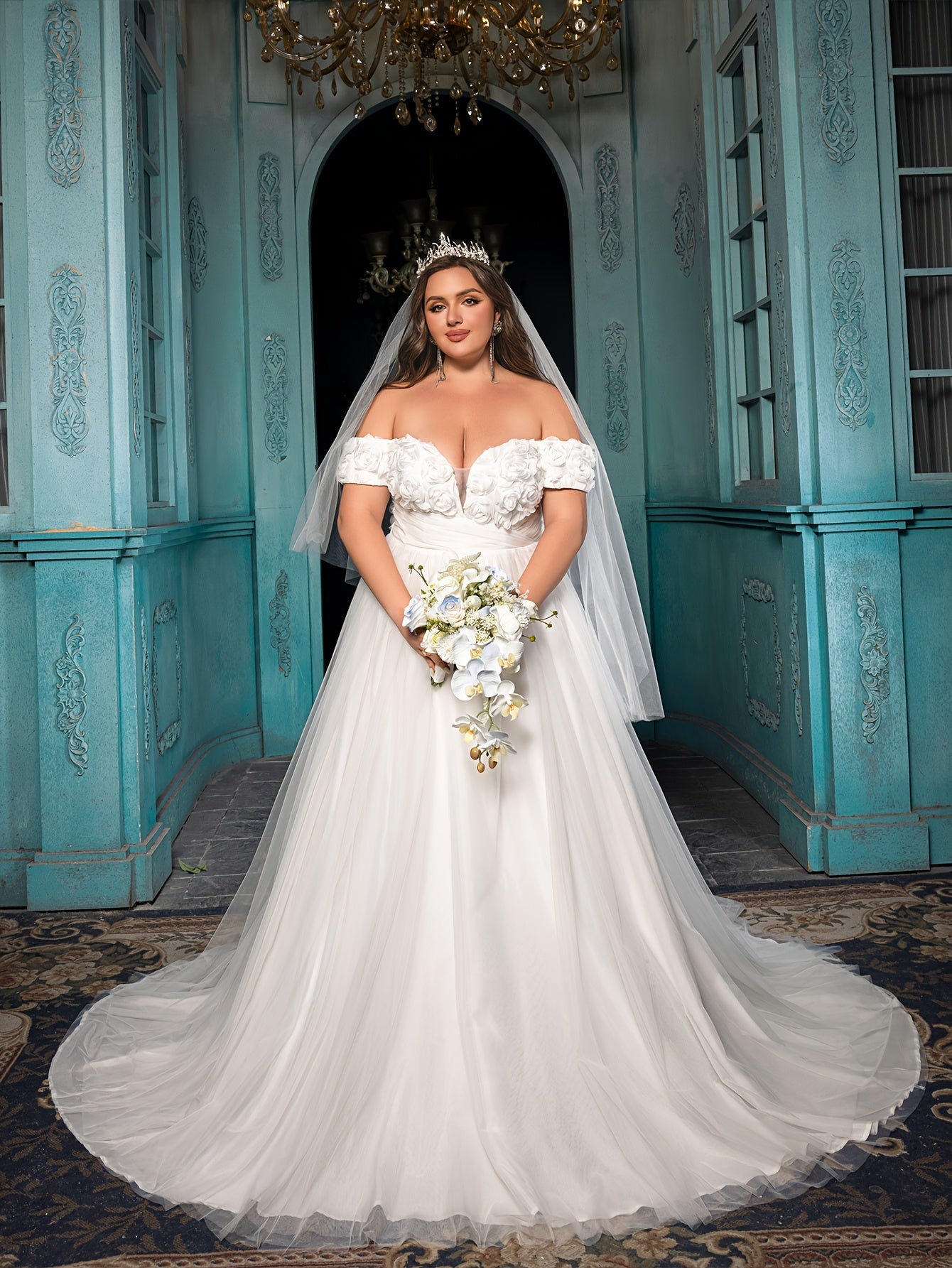 Plus Size Off Shoulder Wedding Dress A-Line Bridal Gown Ruffled Sleeves