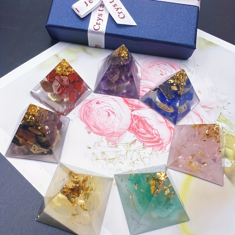 Set of 7 Natural Crystal Orgone Mini Pyramids in Gift Box Reiki Healing Gemstone Resin Decor