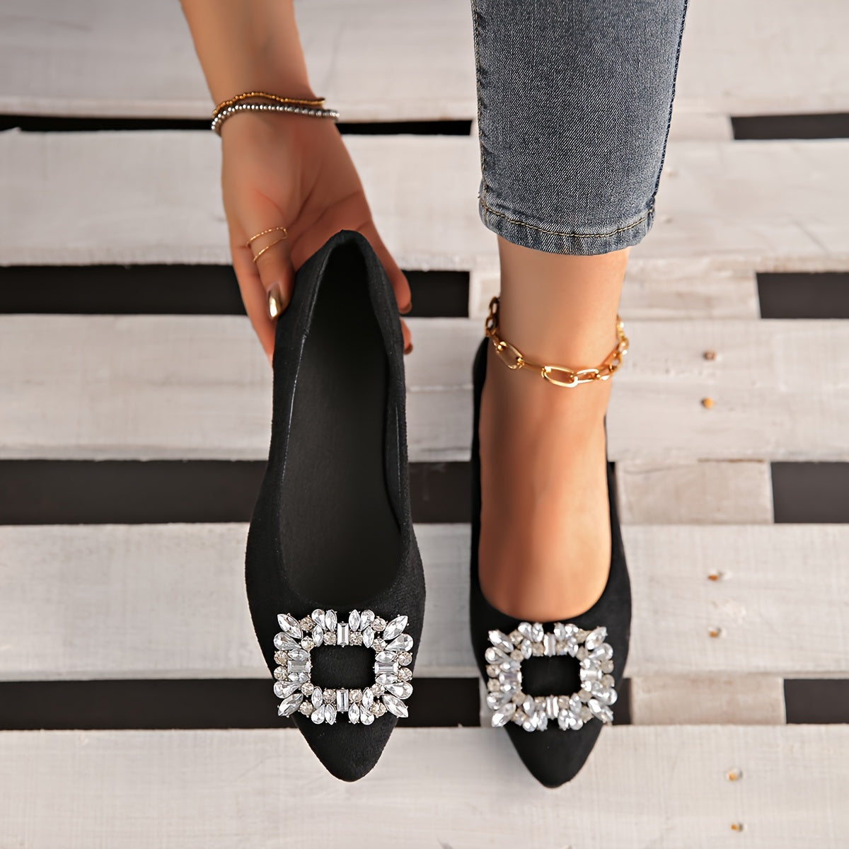 Women Rhinestone Mary Jane Flats Pointed Toe Slip-On Shoes All-Season