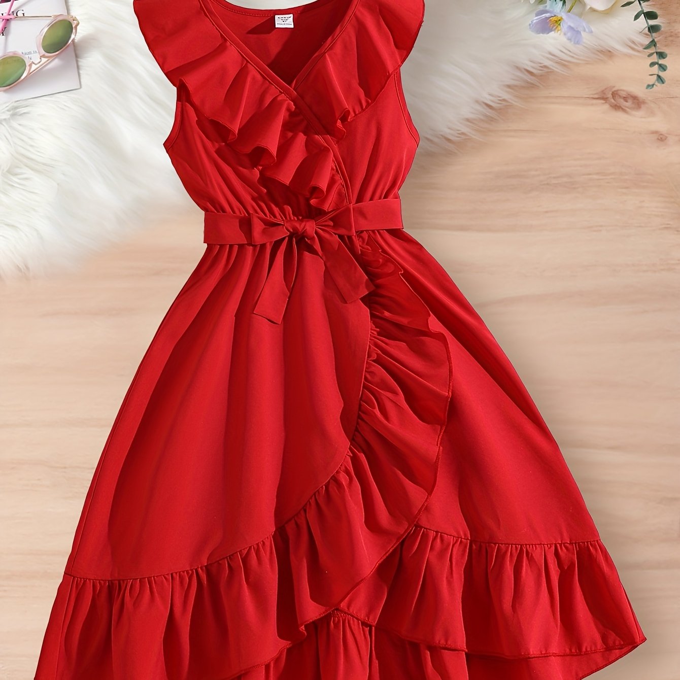 Children's Summer Dress Sleeveless Ruffle Trim Belted Solid Polyester Casual