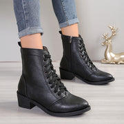 Women's Velvet Lined Mid-Heel Combat Boots with Side Zip and Chunky Heel