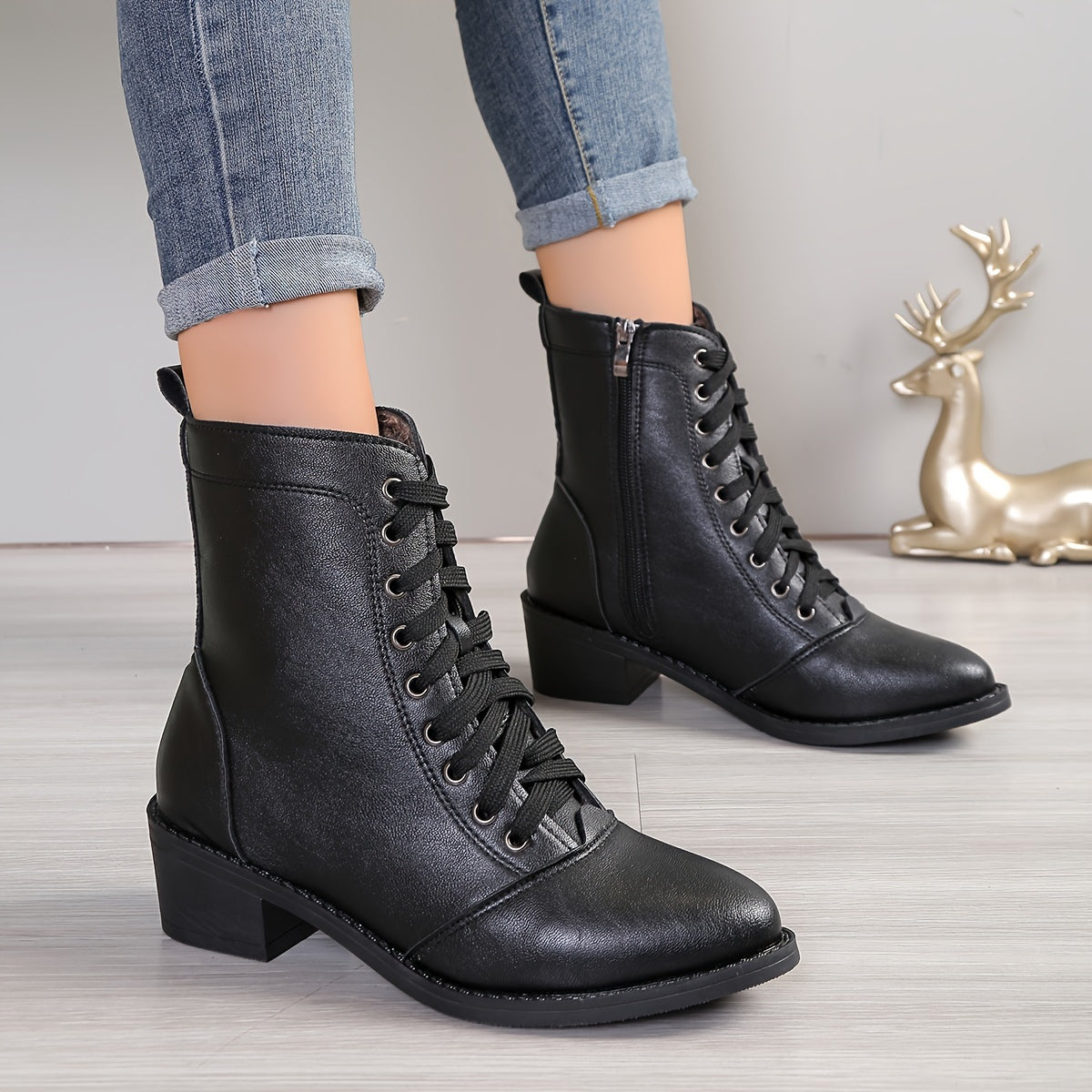 Women's Velvet Lined Mid-Heel Combat Boots with Side Zip and Chunky Heel