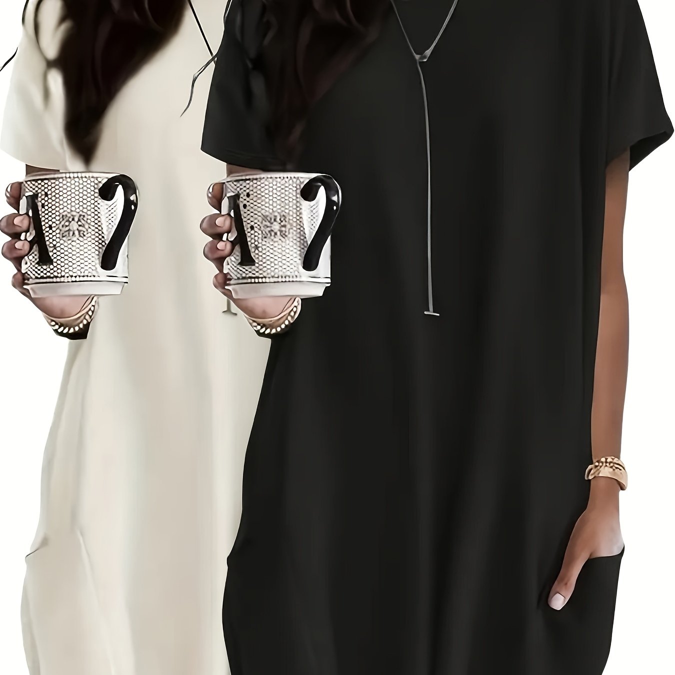 Women's Casual Summer Tops 2 Pack Short Sleeve Loose Fit Pockets Polyester