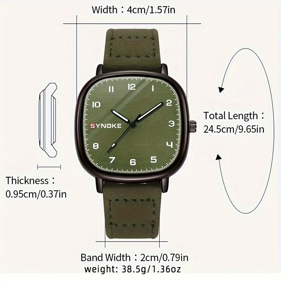Men's Retro Army Green Quartz Watch Minimalist Sports Square Alloy Case Synthetic Leather Strap Not Waterproof