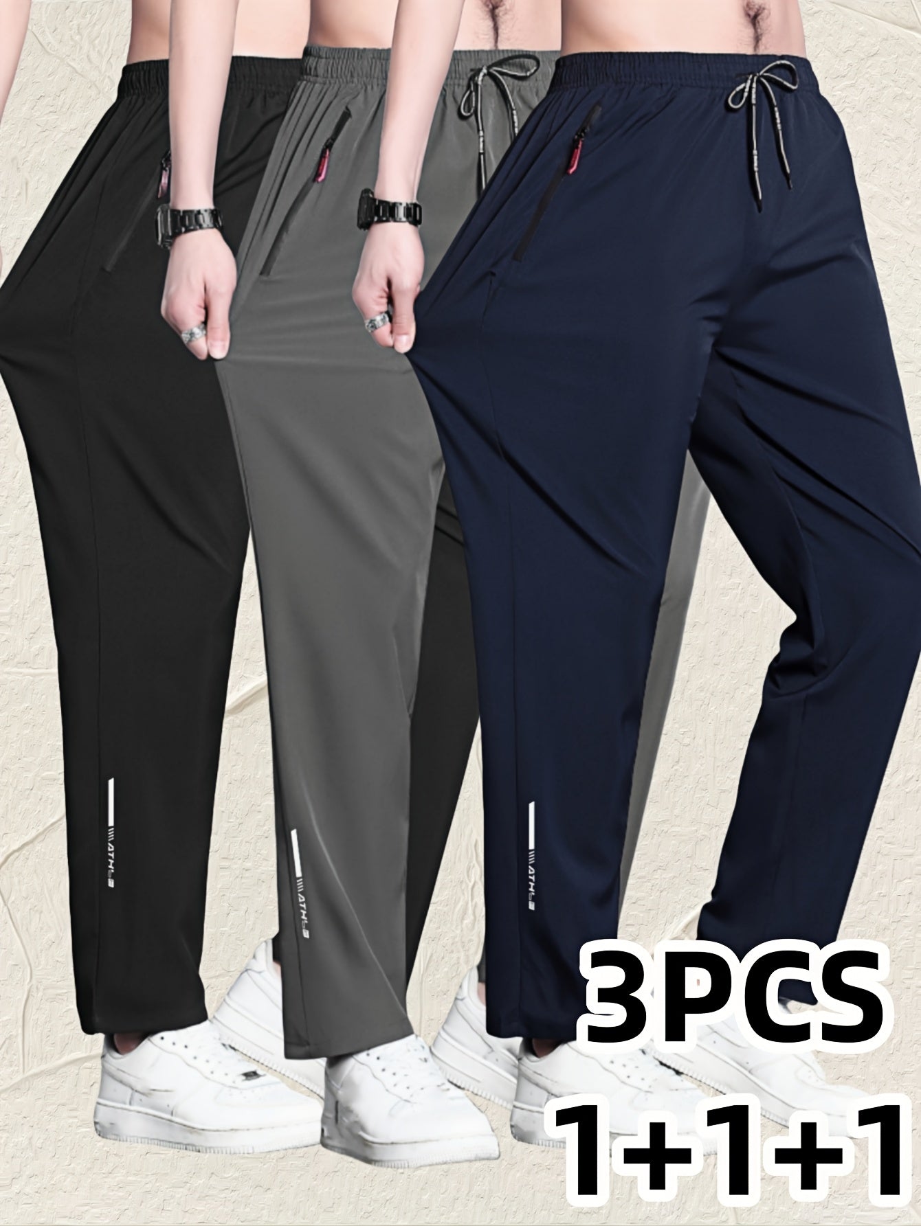 Men's Casual Running Pants 3-Pack Polyester Breathable Quick-Dry Summer