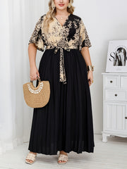 Women's Plus Size Pleated Print V-Neck Dress Elegant Temperament