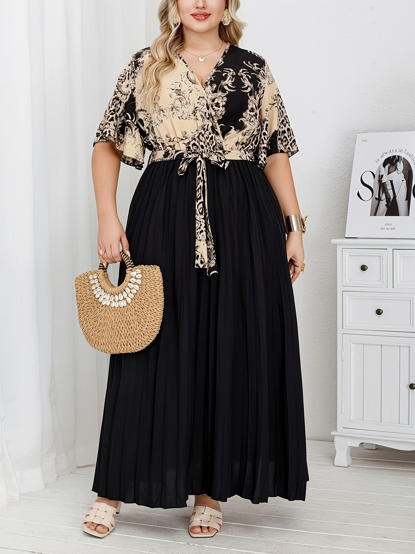 Women's Plus Size Pleated Print V-Neck Dress Elegant Temperament