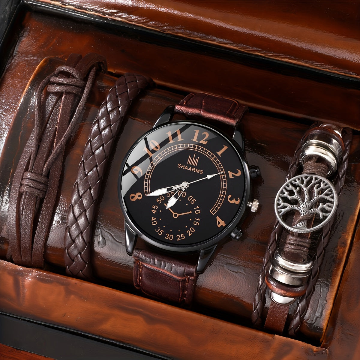 4-qismli to'plam, Erkaklar uchun minimalist va zamonaviy kichik diali kvarts soat va bilaguzuk to'plami, uning uchun mukammal sovg'a.