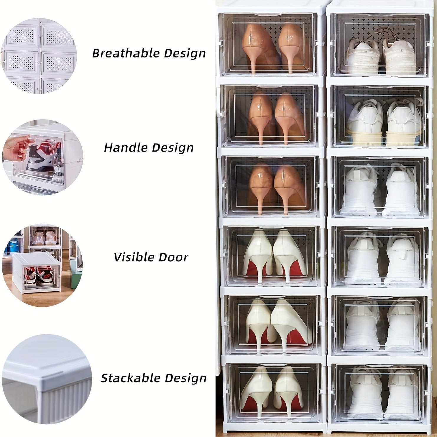 6-Tier Stackable Shoe Storage Box Set Waterproof Clear Plastic Drop Front Organizer