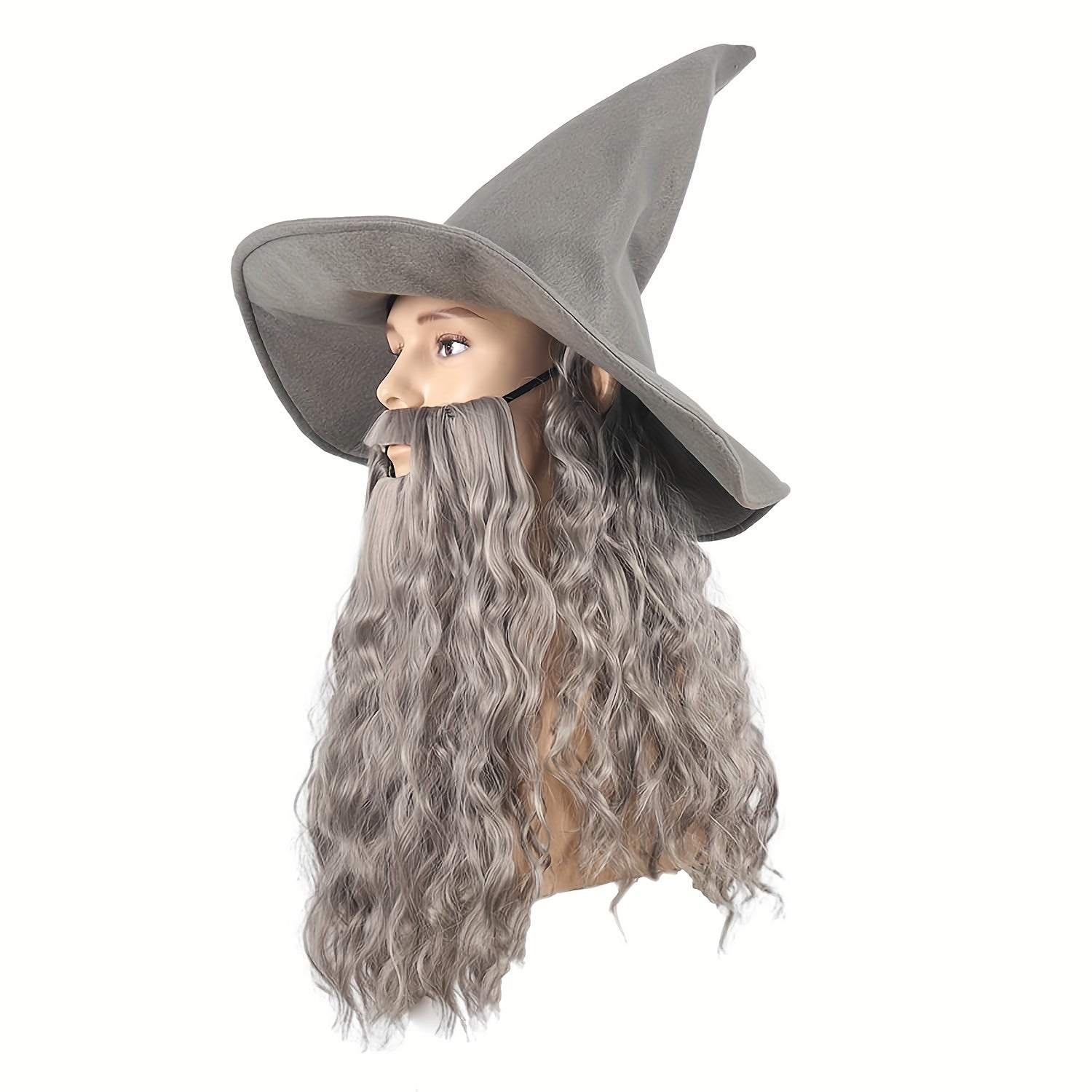 Gray Wizard Hat with Curly Wig and Beard for Halloween Cosplay