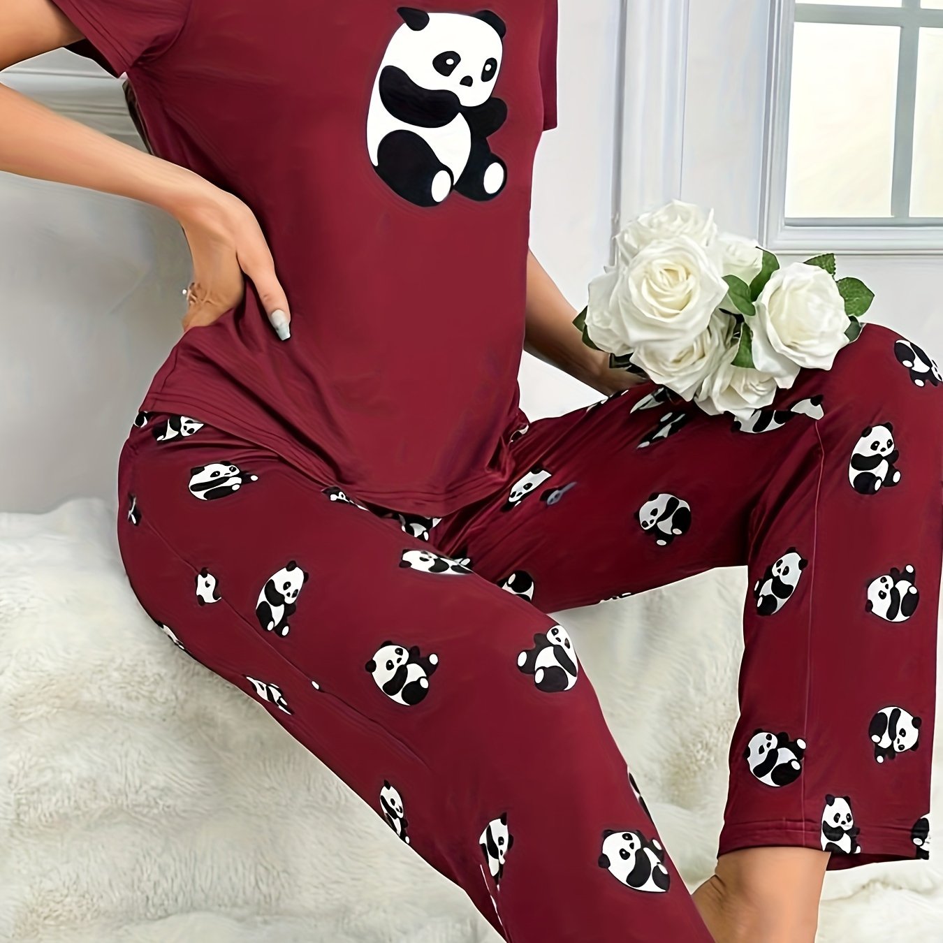 Adult Panda Print Pajama Set with Cartoon Pattern, 100% Polyester, Fall Casual Sleepwear
