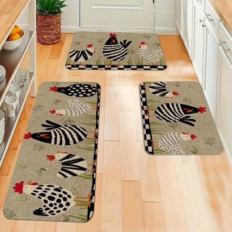 Modern Rooster Kitchen Rug Non-Slip Colorful Floor Mat for Farmhouse Decor