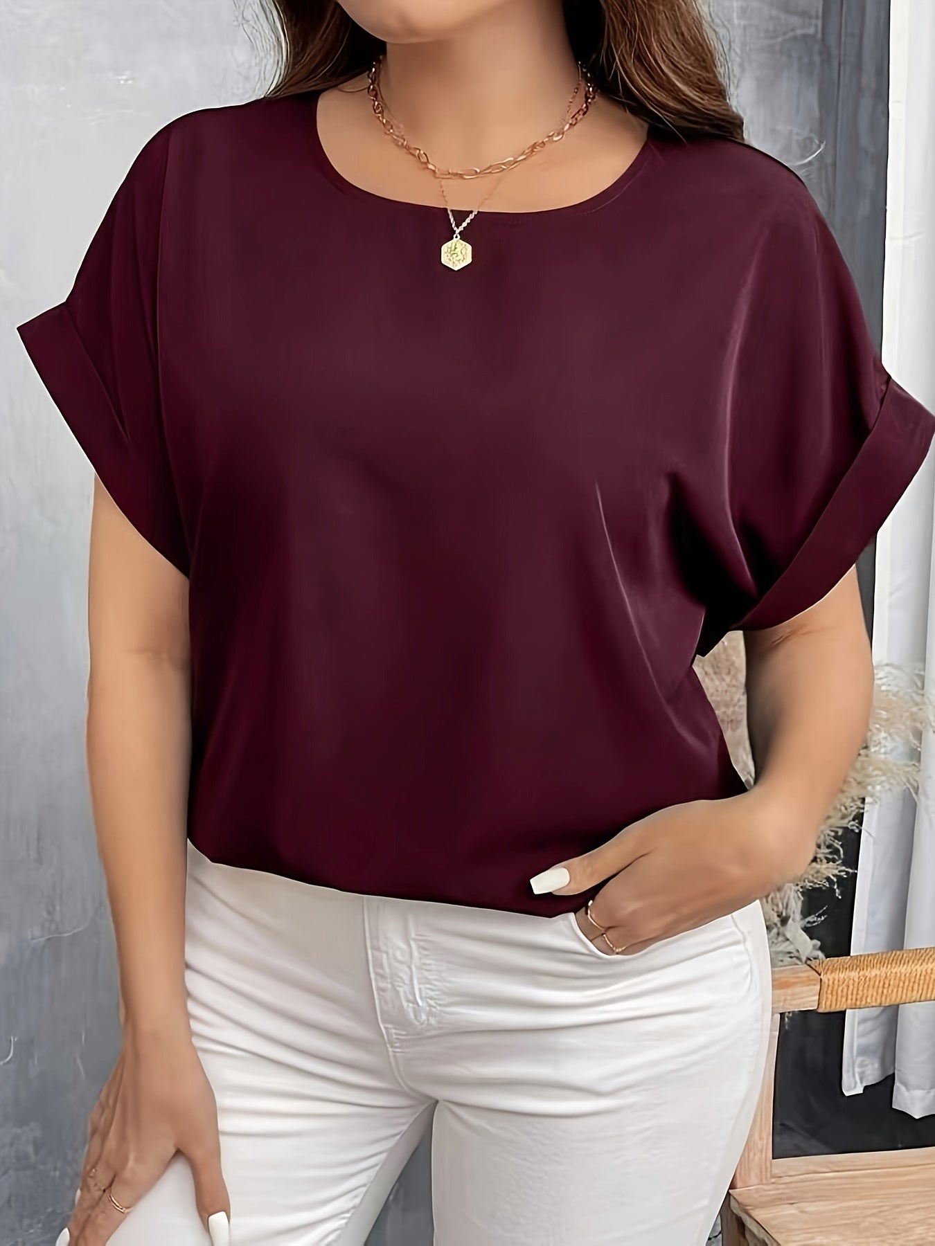 Plus Size Women's Burgundy Drop Shoulder Shirt Casual Short Sleeve Top
