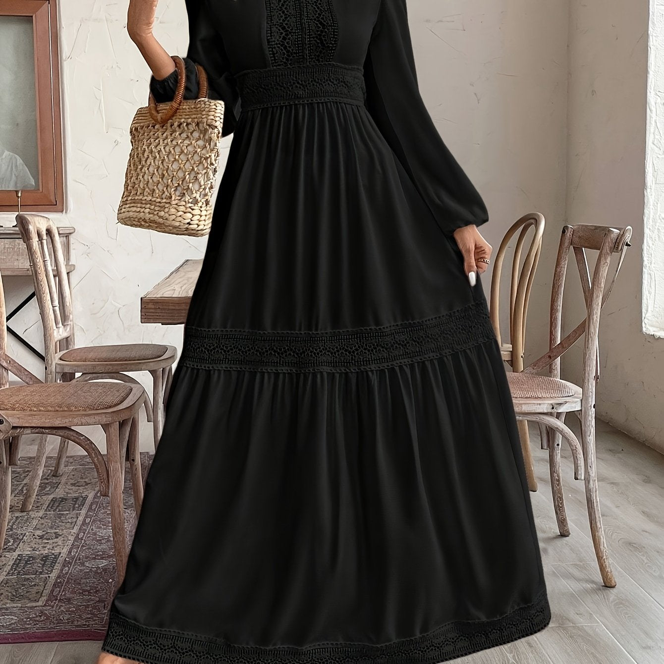 Women's Black Maxi Dress with Lace Detailing High Waist Long Sleeves All-Season Polyester