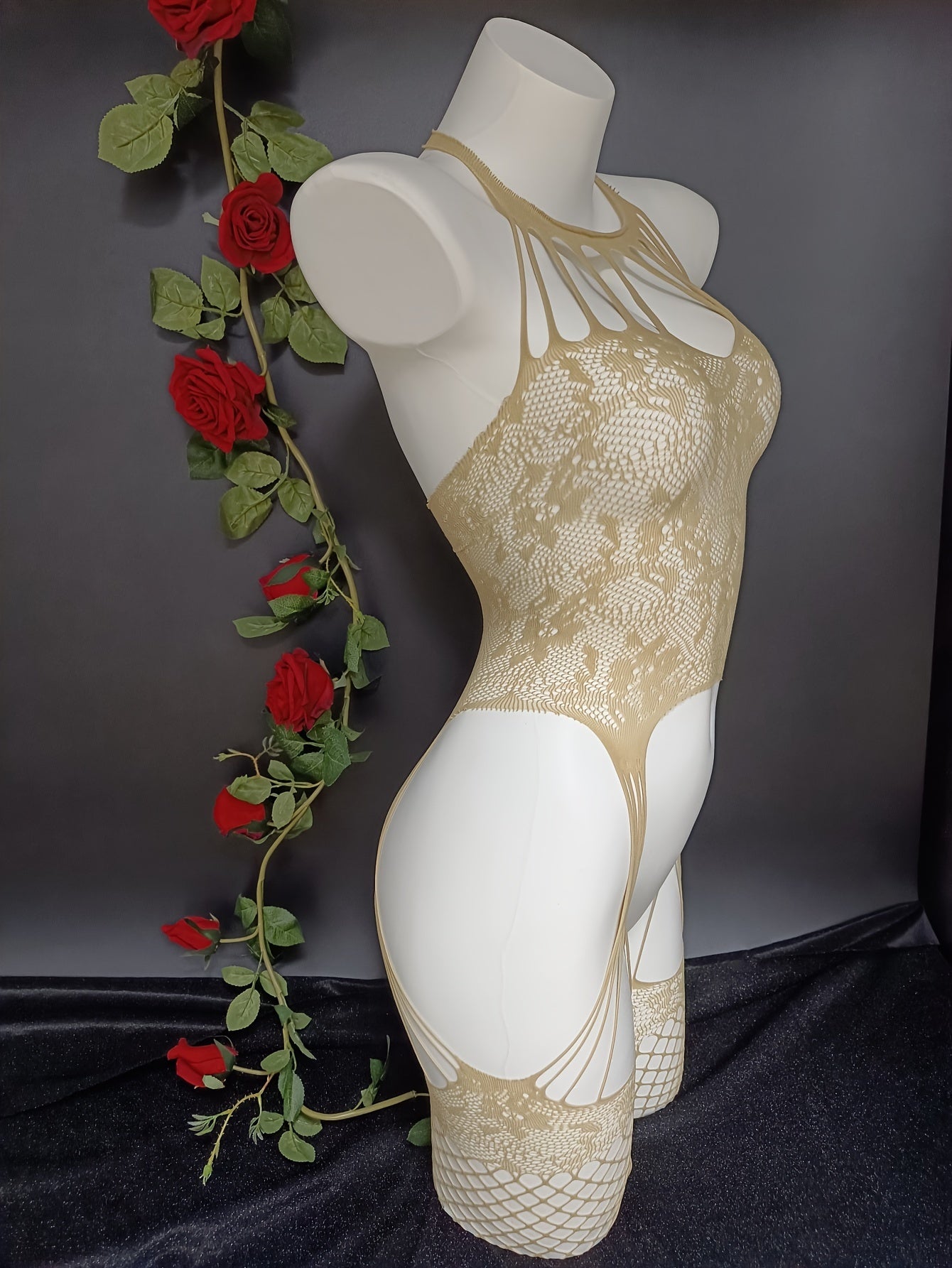 Women Lingerie Bodysuit Jacquard Open Crotch Fishnet Tights Garter Dress