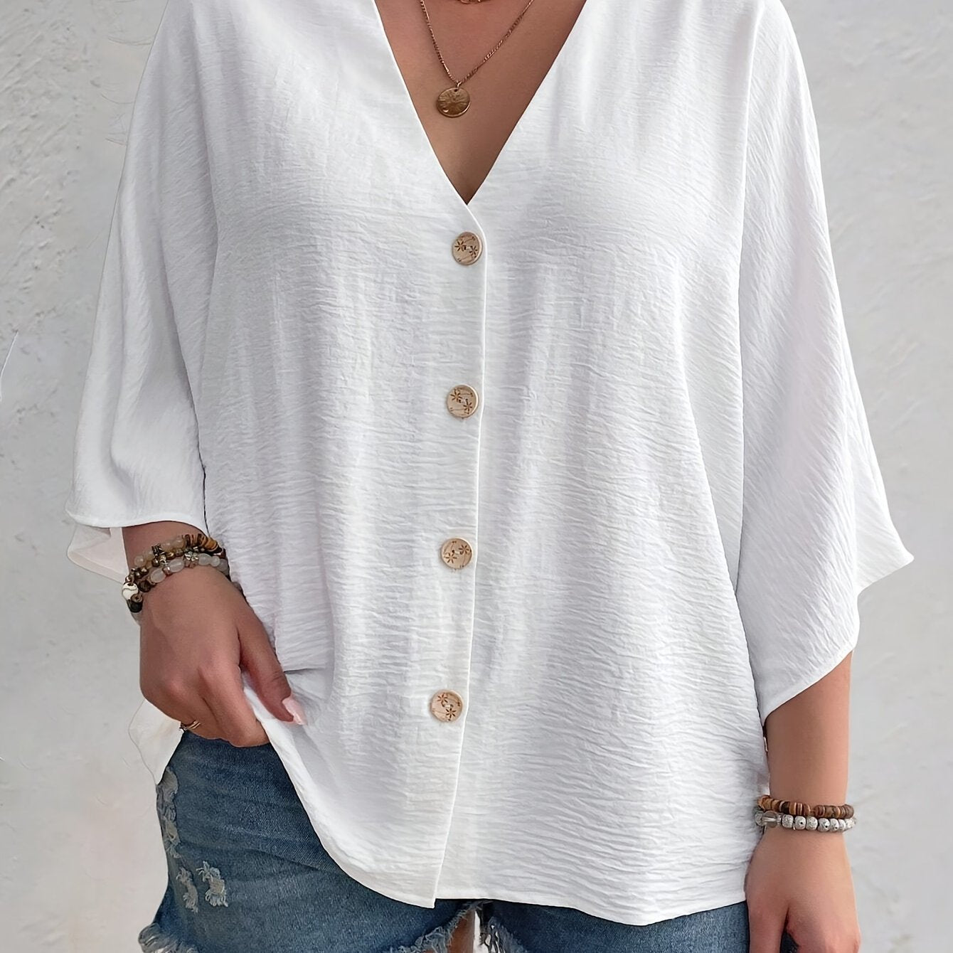 Plus Size Women's V-Neck Long Sleeve Blouse Polyester Button Front Solid White Relaxed Fit