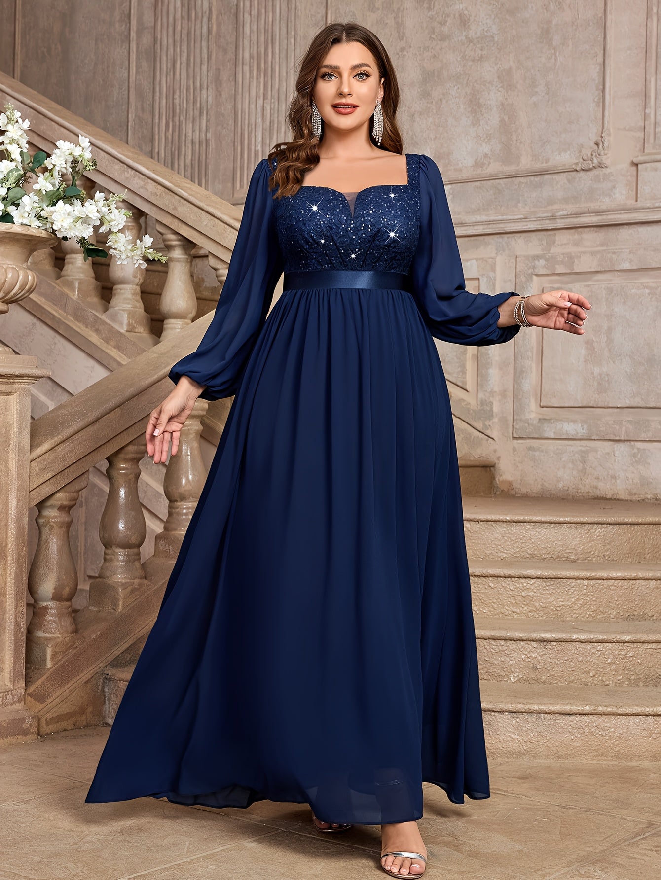 Plus Size Women's Sequin Lace Chiffon Evening Gown with Puff Sleeves