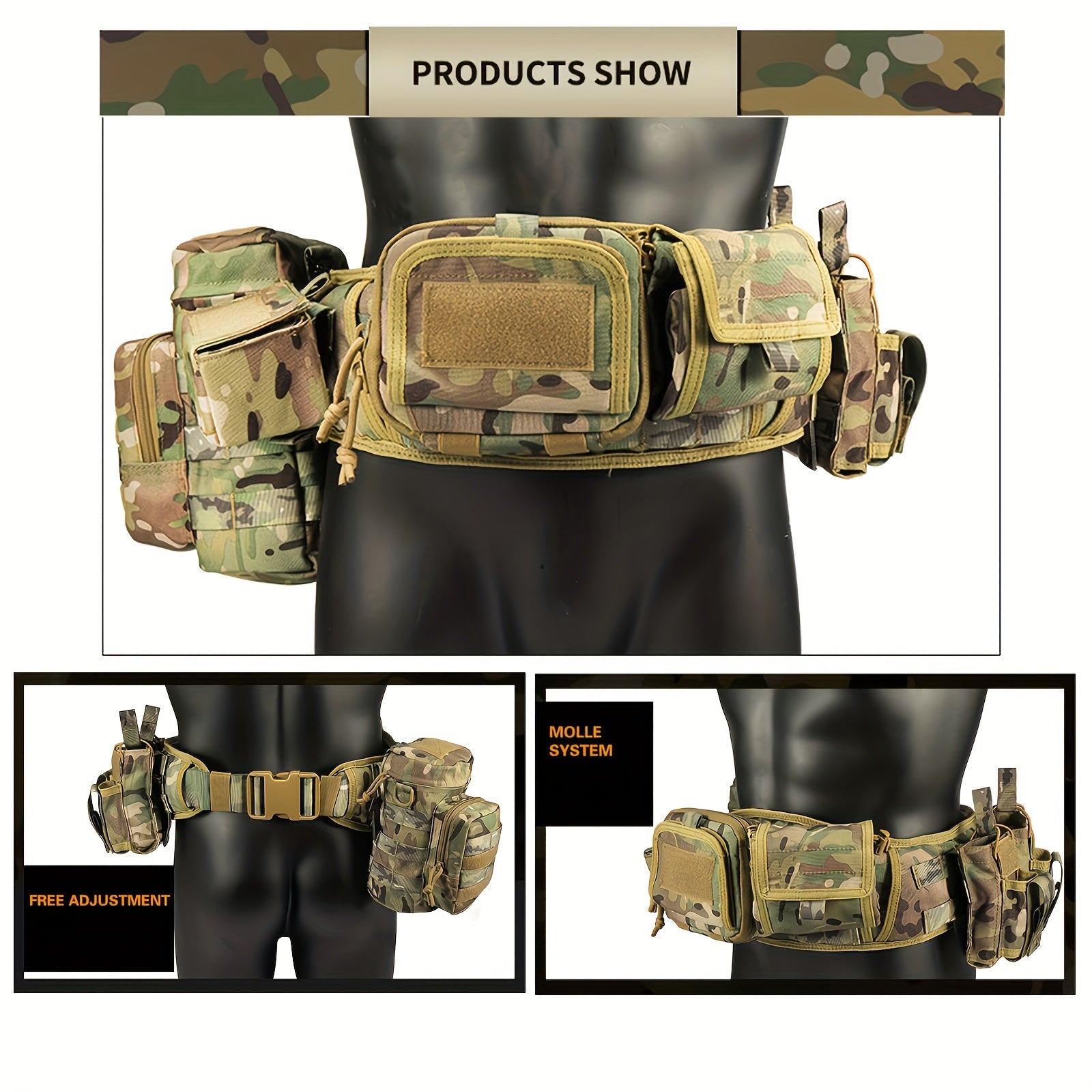 Tactical Utility Belt Set with MOLLE System Camouflage Polyester for Hunting and Fishing