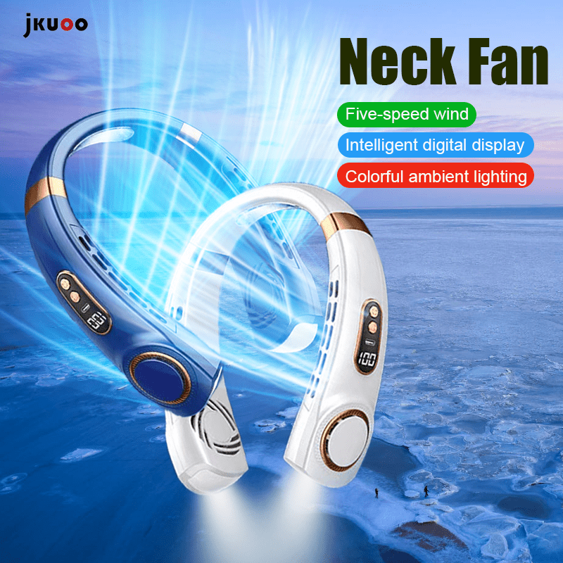 Portable Neck Fan 2-in-1 Bladeless USB Rechargeable 5 Speeds Digital Display Indoor Outdoor