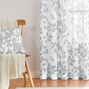 White Leaf Print Linen Sheer Curtains for Bedroom, Living Room, Office