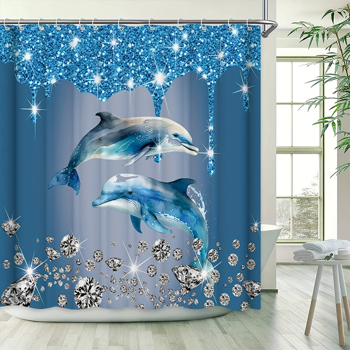 Dolphin Shower Curtain Set with Bath Mat Waterproof Polyester Ocean Theme Bathroom Decor