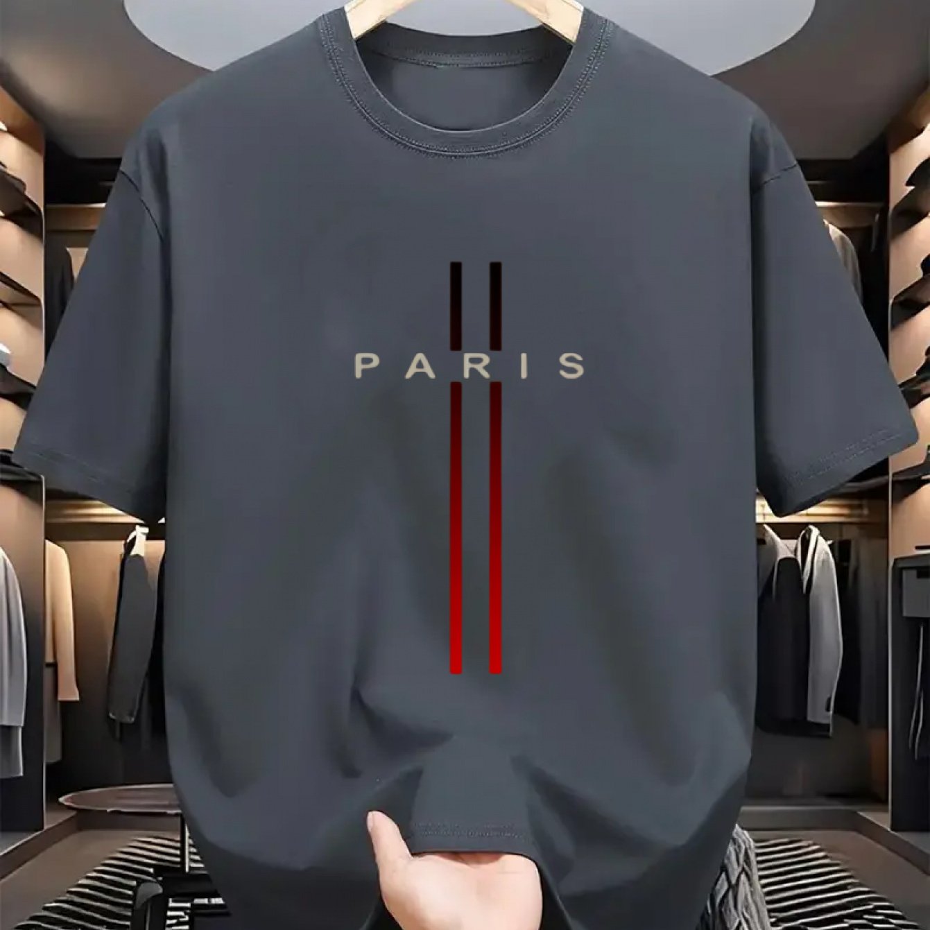 Men's Cotton Short Sleeve Crew Neck T-Shirt with Paris Print for Summer Outdoor Activities