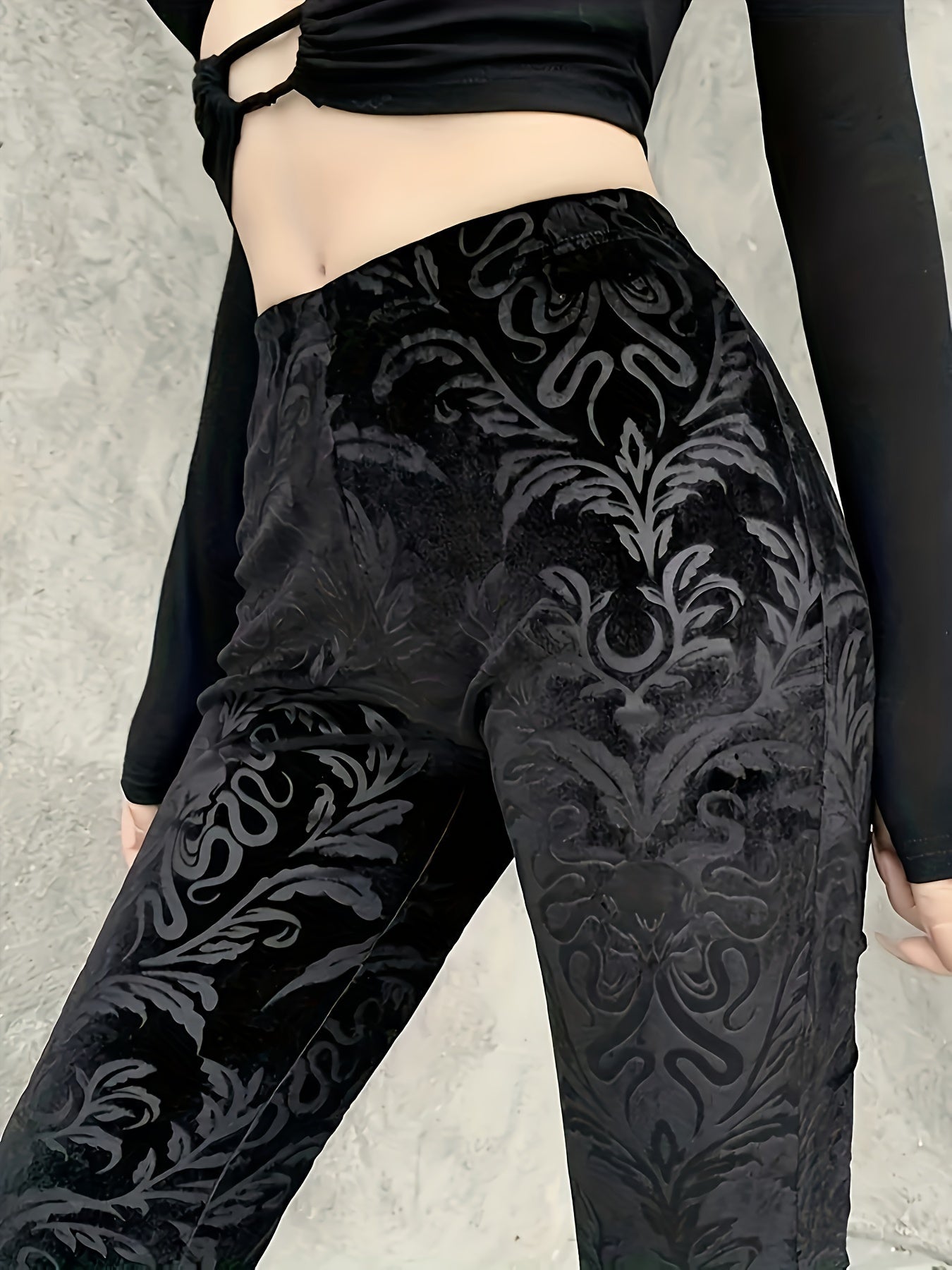 Women's Black Velvet Flare Leg Pants High-Waisted Floral Pattern