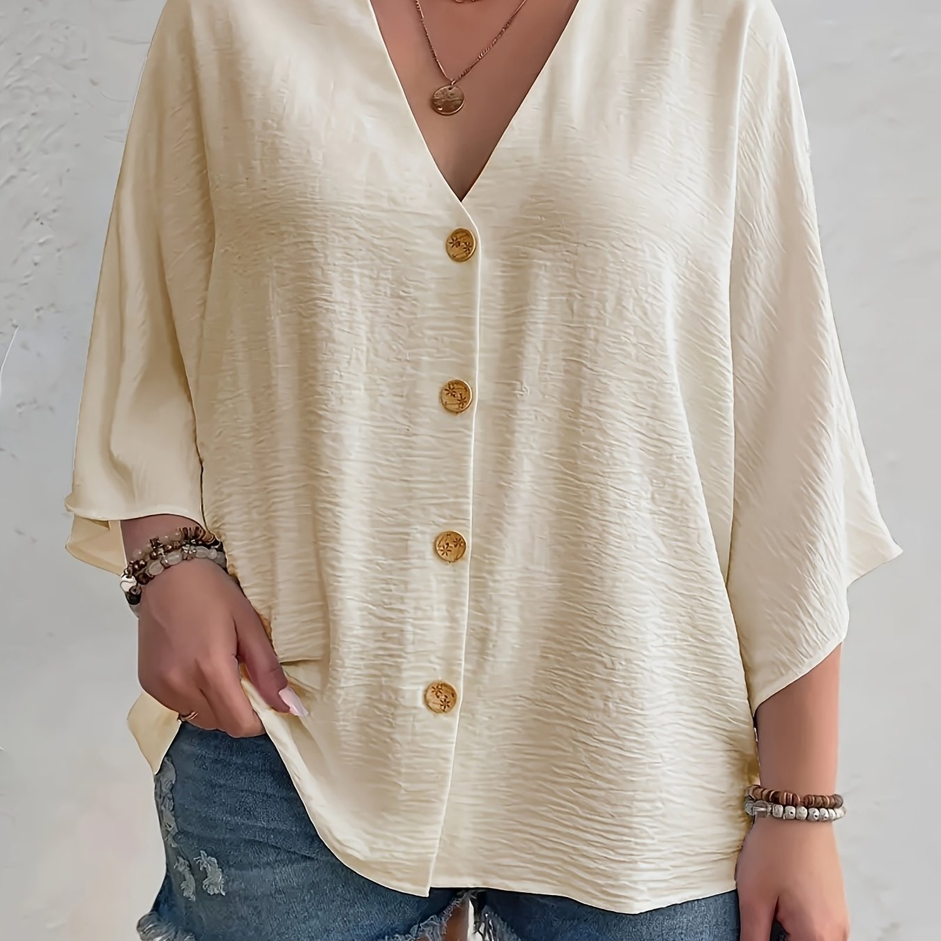 Plus Size Women's V-Neck Long Sleeve Blouse Polyester Button Front Solid White Relaxed Fit