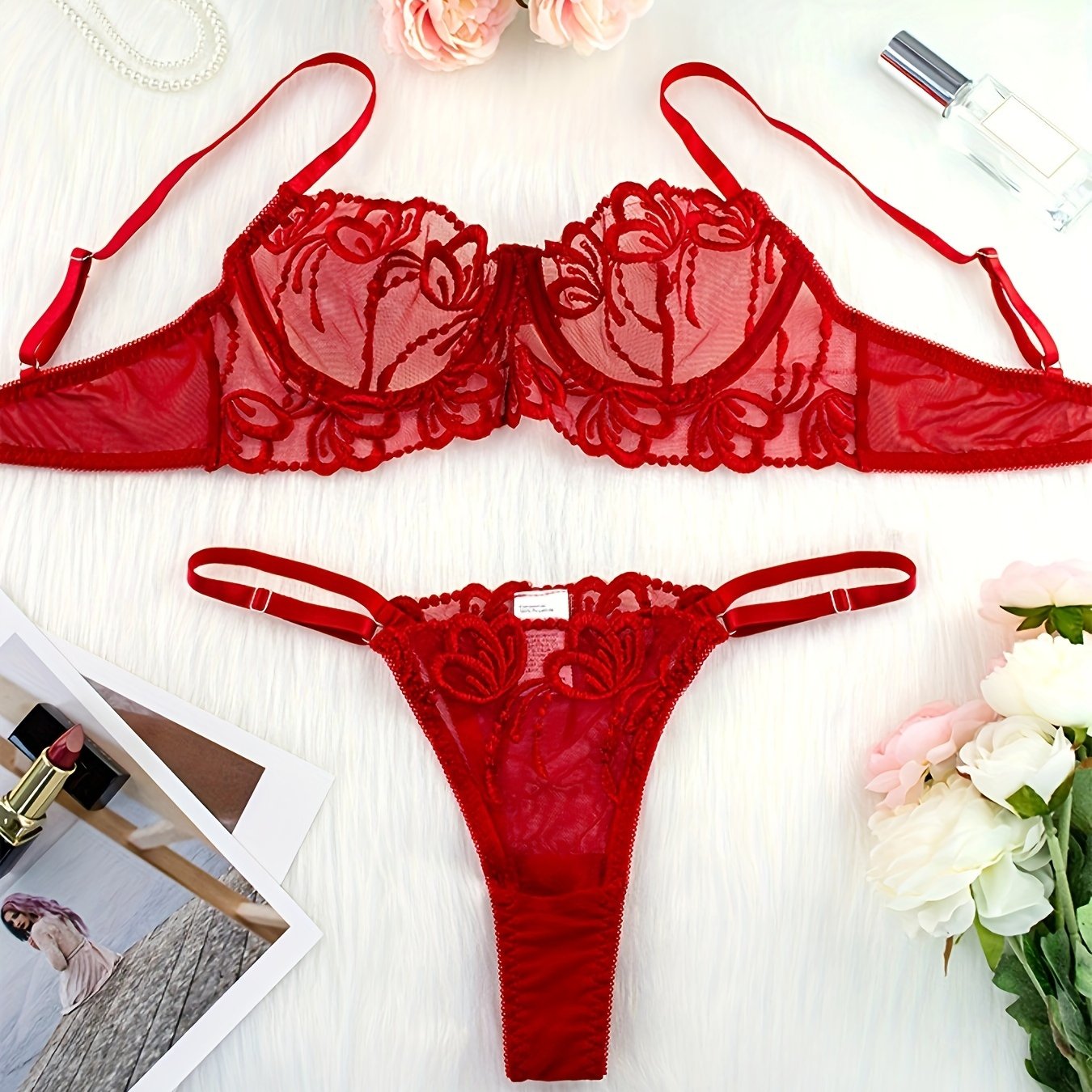 Women’s Lace Embroidered Lingerie Set with High Support Bra and Panties in Solid Knit Fabric