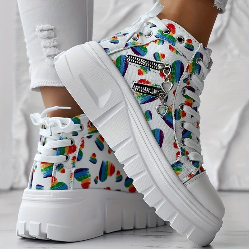 Women's Mid-Top Rainbow Heart Sneakers with Chunky Rubber Sole