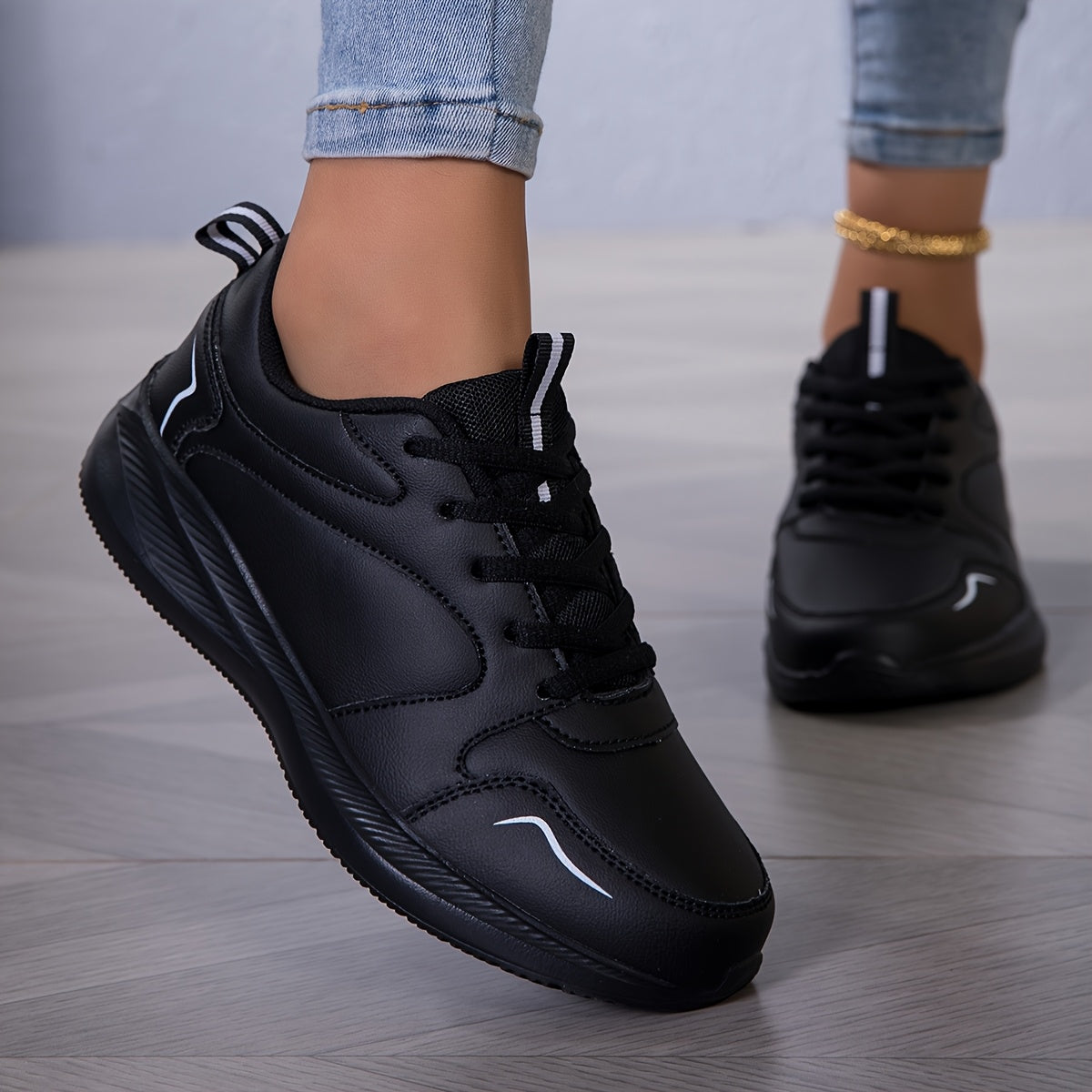 Women's Casual Low-Top Sneakers Soft Sole Korea Style Black Size 7